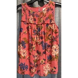 Loft Woman's Small Sleeveless Top Coral Floral Print Lined Button Back Closure